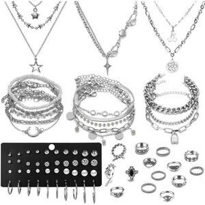 37pcs silver jewelry set necklaces bracelets hoop earrings rings cuffs for women